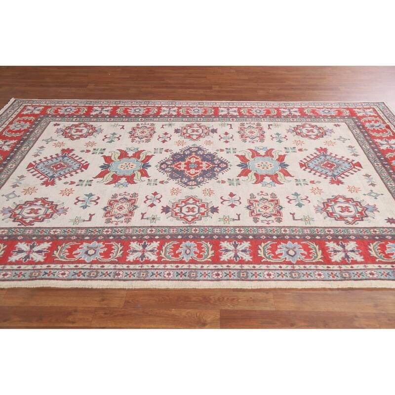 Hand Knotted Oriental 100% Wool Carpet Traditional Geometric Beige & Ivories Kazak Area Rug - 8' 11'' X 5' 11''