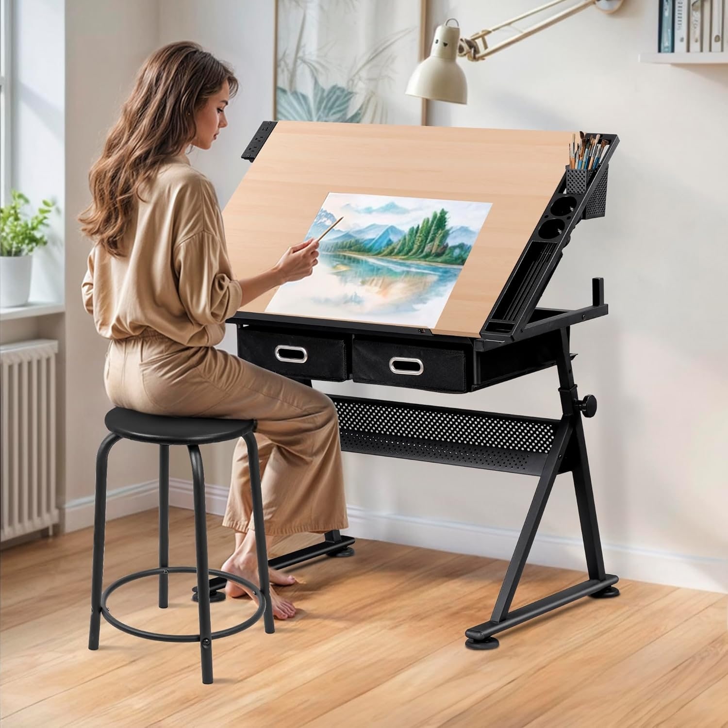Adjustable Height Drafting Table with Tilting Tabletop, Storage Drawers, and Stool for Home Office