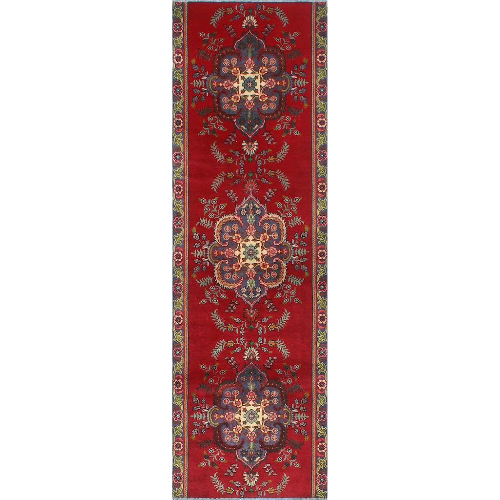 Fine Vintage Distressed Husayn Red/Grey-Blue Runner - 3'2" x 10'6"