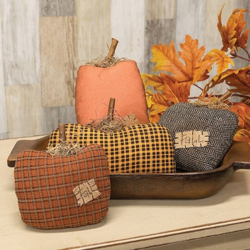 Stuffed Orange & Black Mini Check Long Primitive Pumpkin Sitter - 7" x 1.50" x 5"