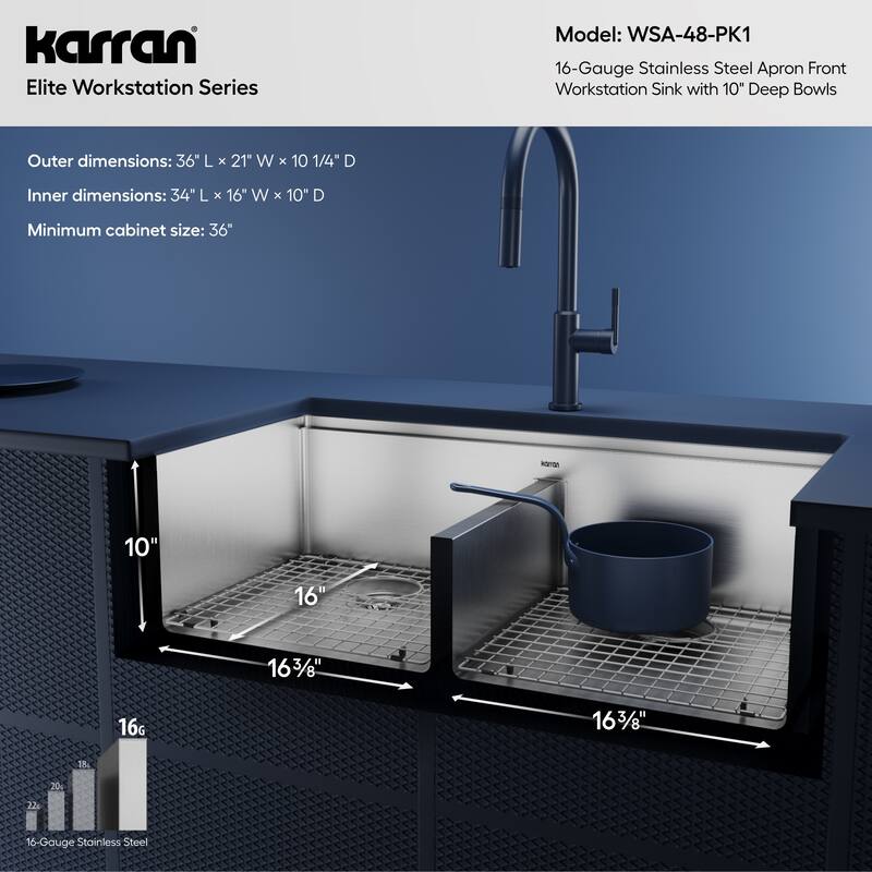 Karran Elite WSA-48-PK1 Apron Front Farmhouse 36" Double Bowl Stainless Steel Workstation Sink
