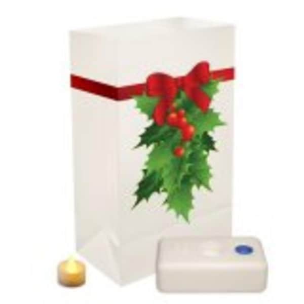 Pack of 12 Battery Operated LED Flameless Tea Candles Christmas Holly Luminaria Kit