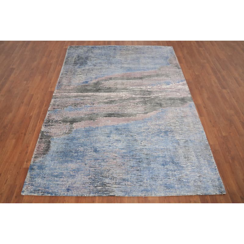 Hand Knotted Oriental Viscose Silk Carpet Modern Pictorial Navy Blue & Blues Abstract Area Rug - 7' 6'' X 5' 5''