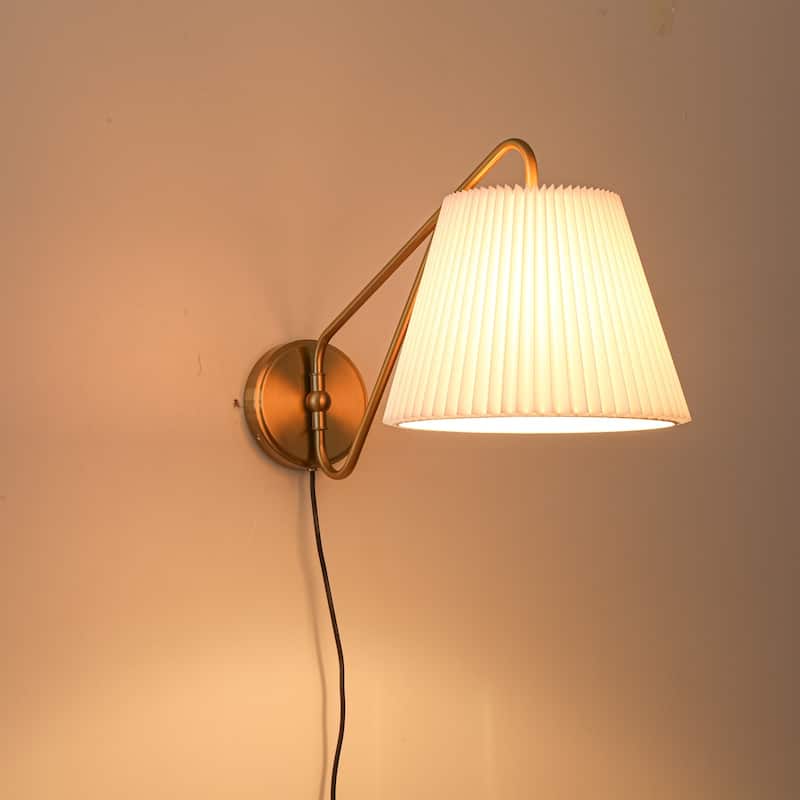 1-Light Mid-Century Modern Pleated Fabric Shade Gold Iron Plug-In Wall Sconce for Bedroom - 12 in. W x 24.2 in. D x 12.9 in. H