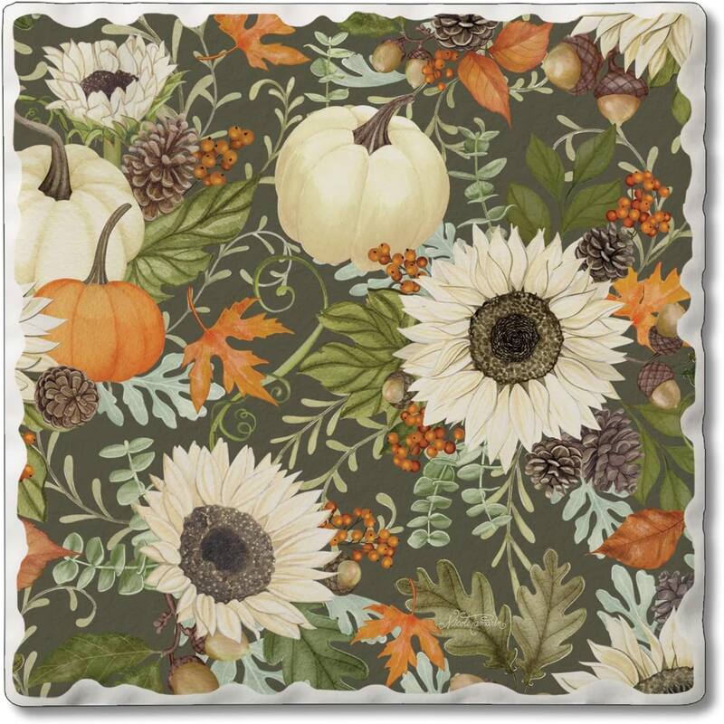 Absorbent Stone Tumbled Tile Coasters, Farmhouse Floral, Set of 4 - Multi