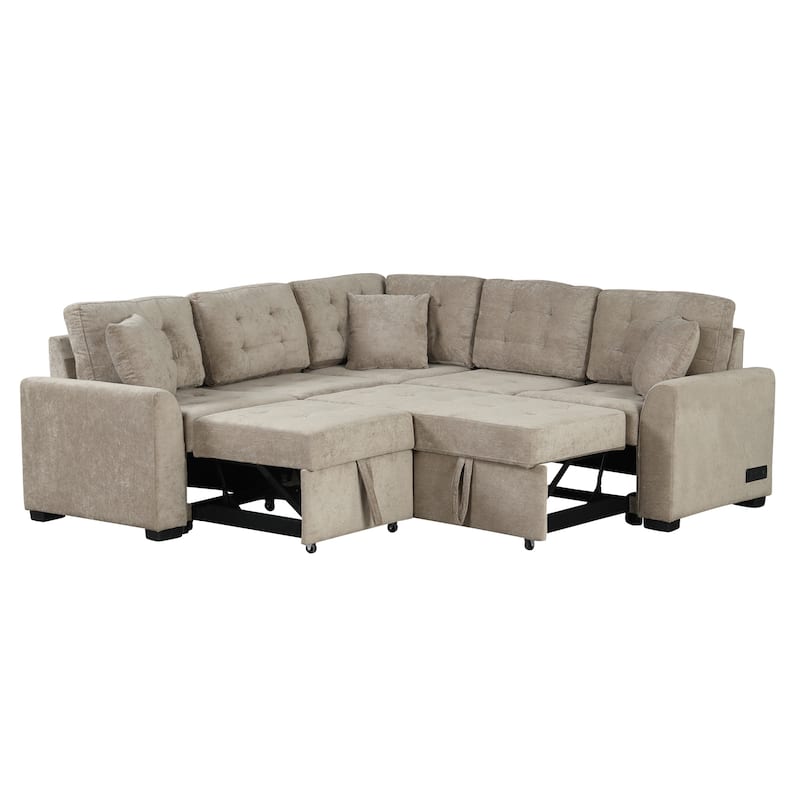 Brown 82.6" Convertible L-Shaped 5-Seat Sectional Sofa with Wheels, Pull-Out Bed, USB Ports, and Power Outlets