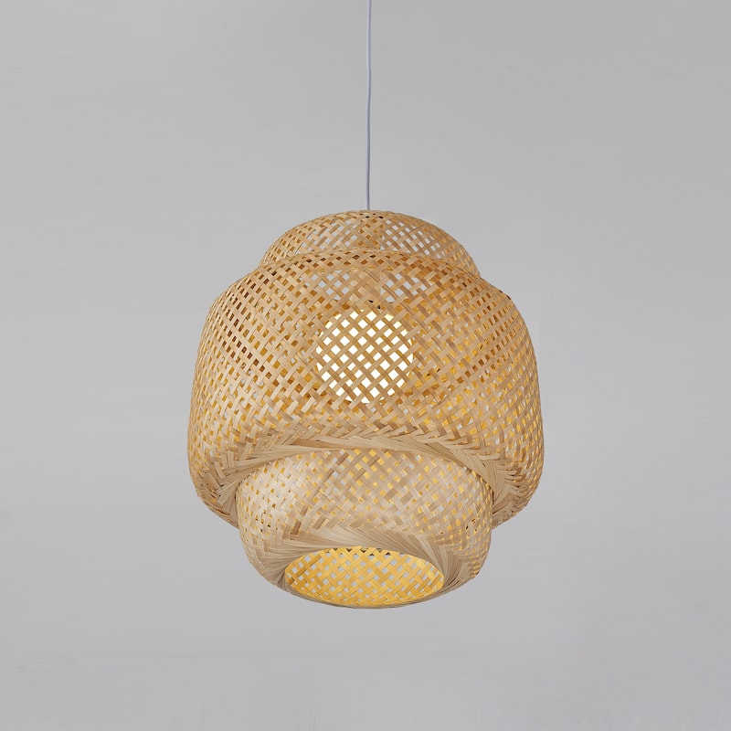 1 Light Caged Chandelier in Natural Rattan and White Cord - 17"H x 19.6"W x 19.6"D