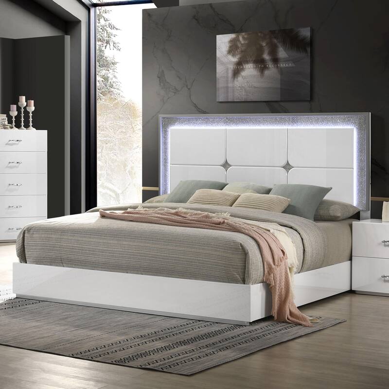 Furniture of America Roon Modern White Wood Panel Bed with LED on Headboard - Queen