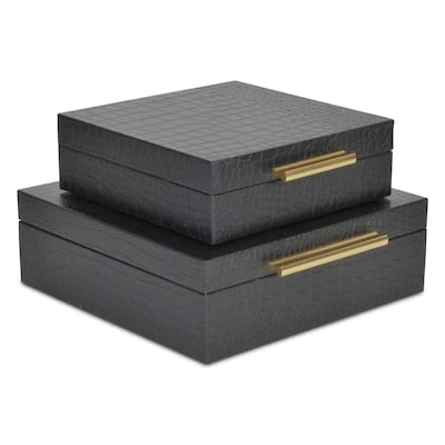Set of 2 Black Square Faux Croco Decorative Box with Handles 9.75"