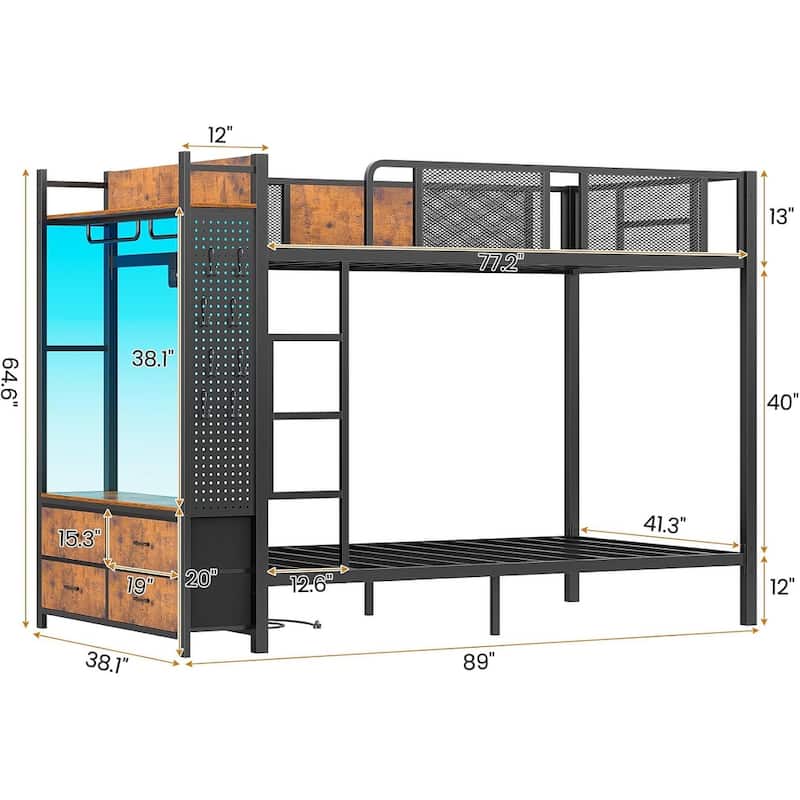 Metal Bunk Bed Twin Over Twin with Hall Tree 4 Storage Drawers