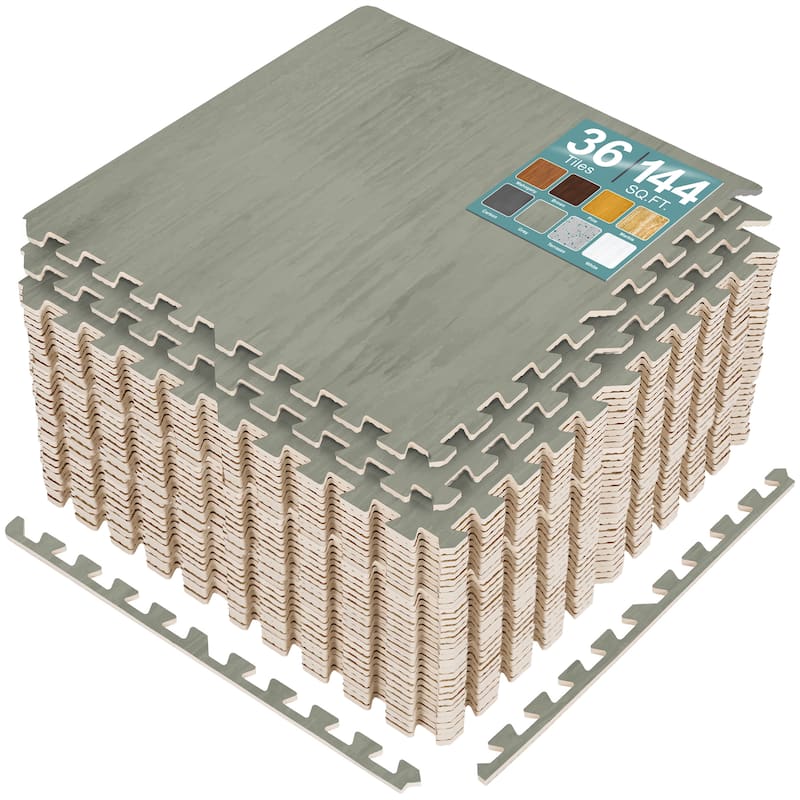 Sorbus 144 Sq. Ft. Wood Grain Floor Tiles Foam Mat EVA Interlocking Mats Tile 3/8-Inch Thick Flooring Wood Puzzle Exercise Mats - Light Grey Wood Grain