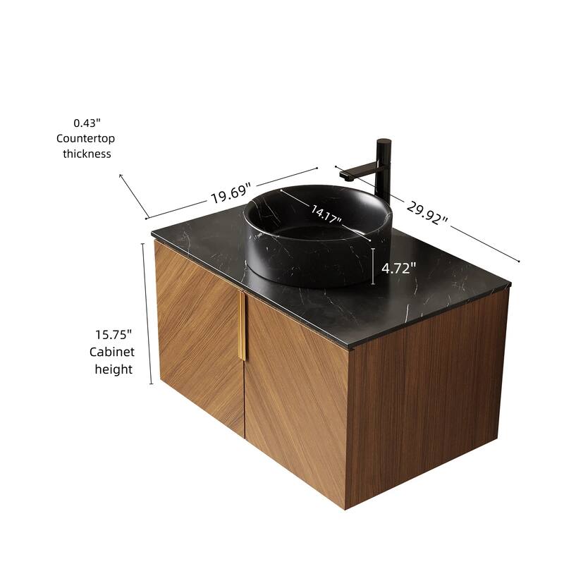 30" Bathroom Vanity Sink, Floating Plywood Bathroom Storage Cabinet with 2 Doors, Sintered Stone Countertop Round Ceramic Basin