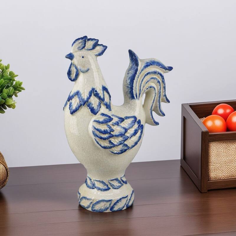 Modern Tabletop Decor Rooster Figurine, 16 Inch Blue White Ceramic