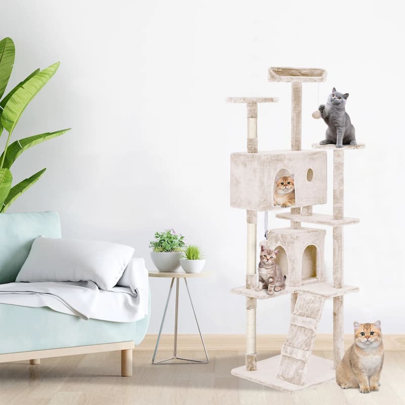 Furniture of America Cat Tree Multi-Level Cat Tower with Ladder, Platforms and Condos - 70-inch - Beige