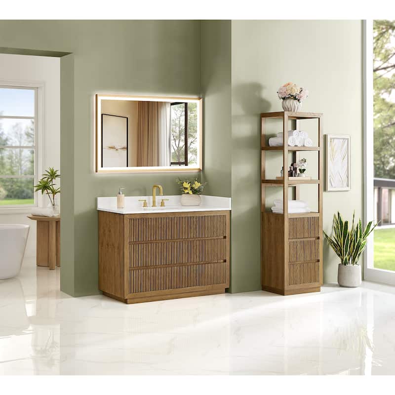 Navan Bathroom Vanity in Weathered Brown with Grain White Engineered Stone Countertop No Mirror