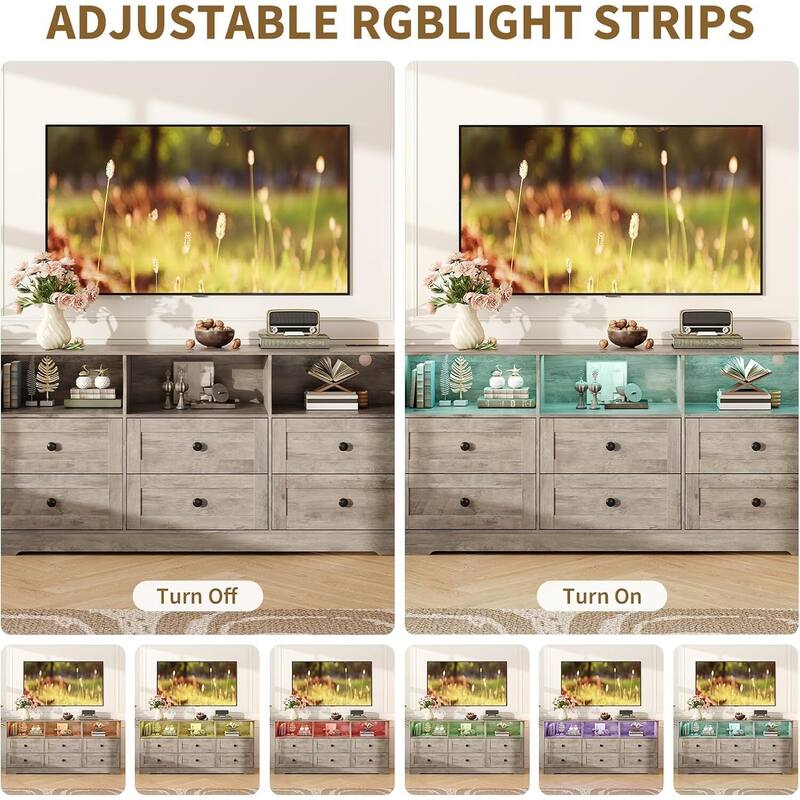 6 Drawer Dresser TV Stand for Bedroom with Charging Station & LED Lights