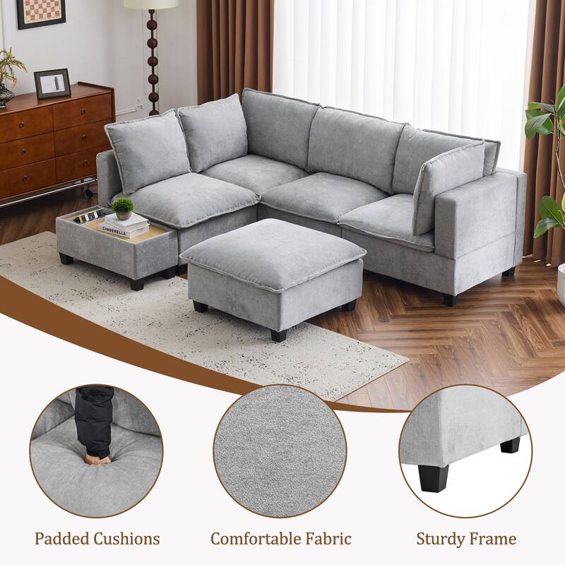 90" U-shaped Sofa with Ottoman and Hidden Charging Coffee Table, Grey Chenille