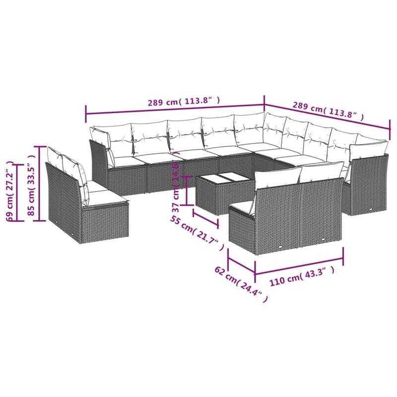 vidaXL Patio Sofa Set with Cushions Outdoor Conversation Furniture Poly Rattan - 21.7" x 24.4" x 27.2"