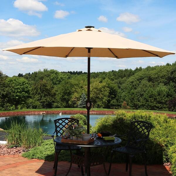 Shop Black Friday Deals On Sunnydaze 9 Foot Beige Sunbrella Market Umbrella With Solar Led Light Bars Overstock 28727993