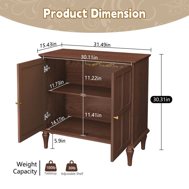 31" Mid-Century 2-Door Cabinet with Removable Tall Wine Glass Rack