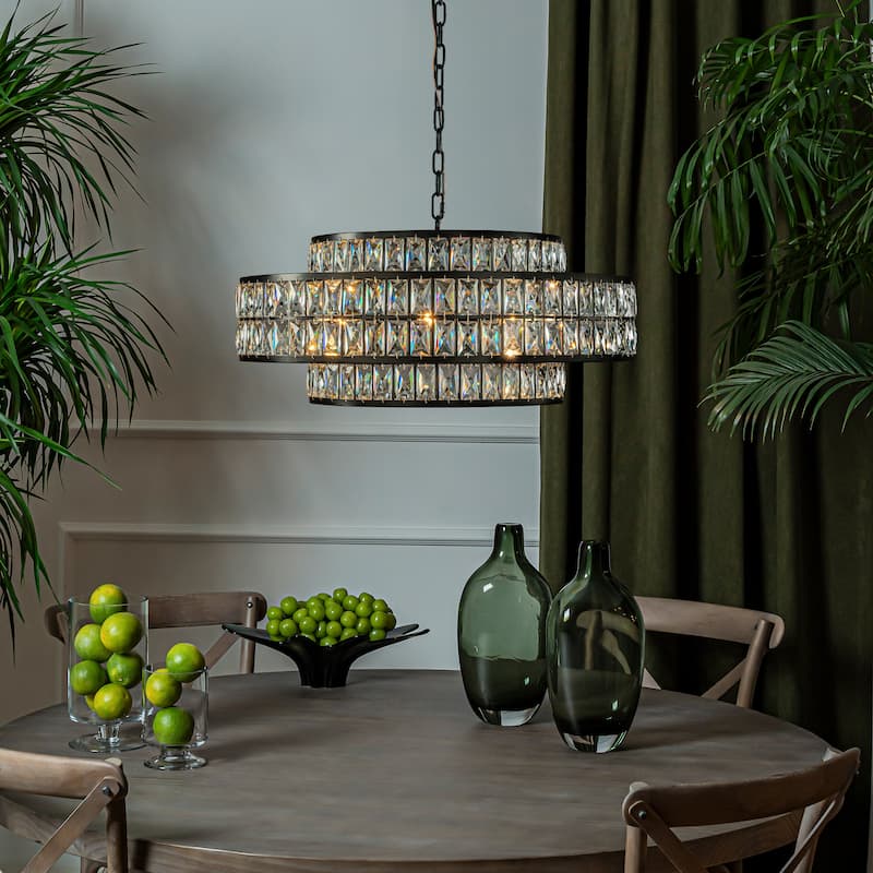 Modern Crystal Chandelier Matte Black Finish Tiered Drum Pendant Light for Small Spaces Dining Room Entryway