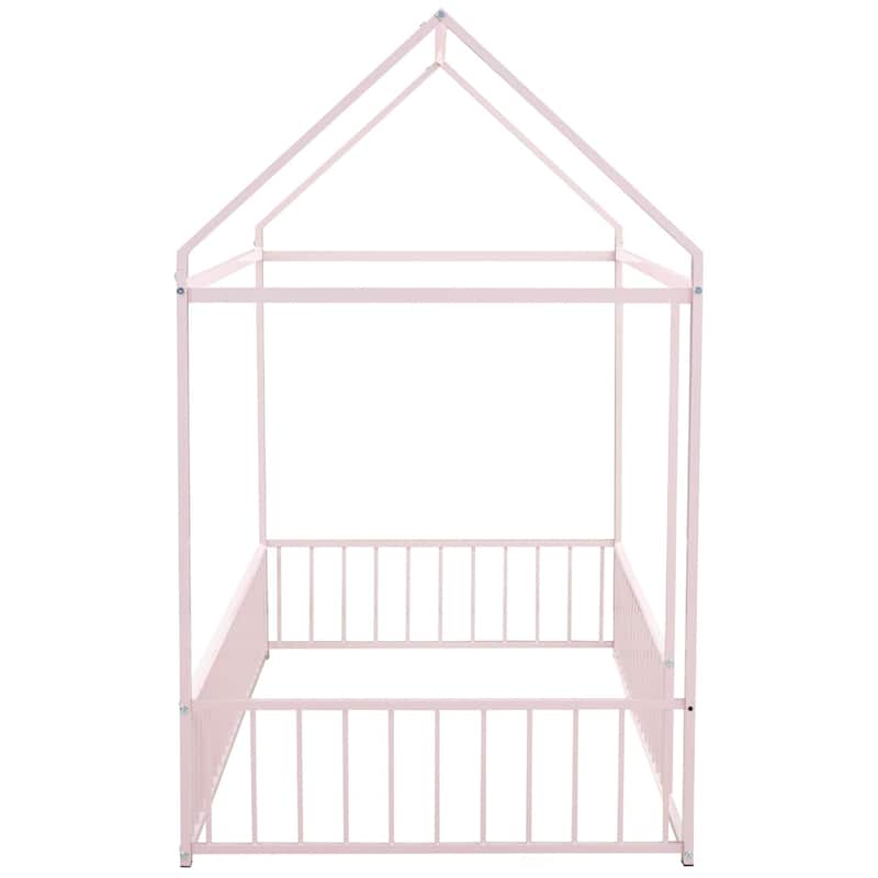 Twin Size Metal Bed House Bed Frame with Fence, for Kids, Teens, Girls, Boys