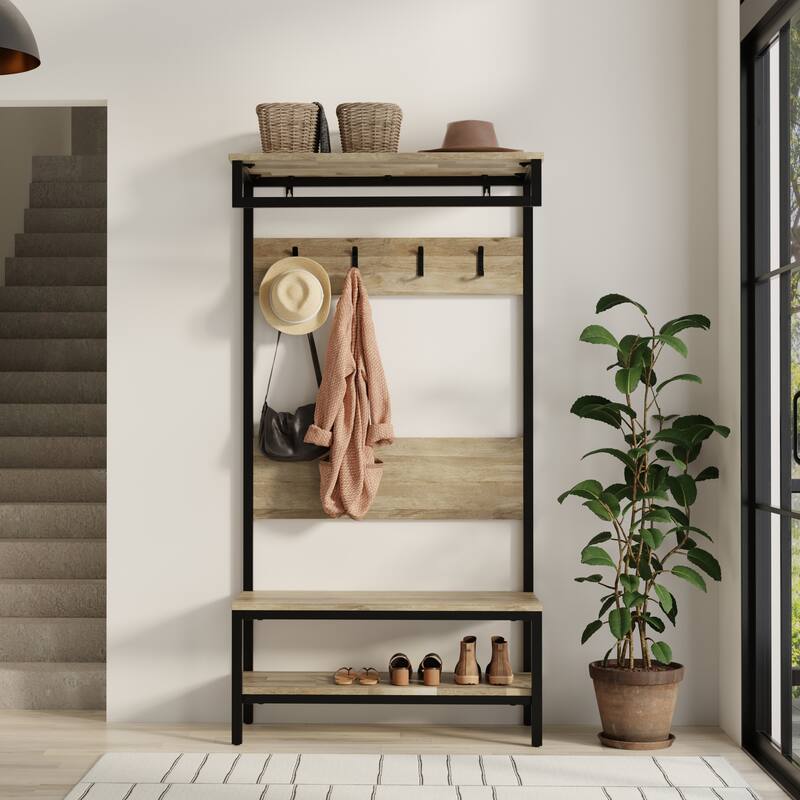 Westmont Solid Mango Wood Hall Tree with Bench, Open Storage, Hooks & Industrial Metal Frame