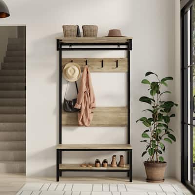 Westmont Solid Mango Wood Hall Tree with Bench, Open Storage, Hooks & Industrial Metal Frame