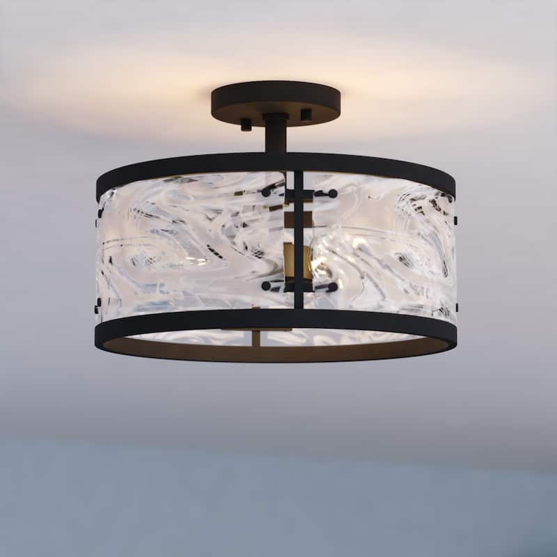 Wilder 3-Light Matte Black Modern Drum Semi Flush Mount Lighting Ceiling Fixture, White Swirl Glass Shade - Matte Black - 13-in W x 9.5-in H x 13-in D