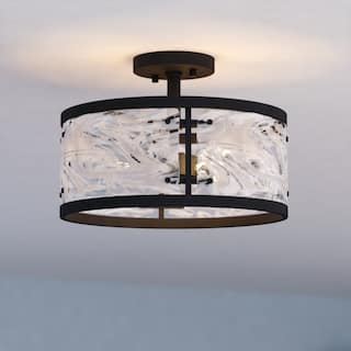 Wilder 3-Light Matte Black Modern Drum Semi Flush Mount Lighting Ceiling Fixture, White Swirl Glass Shade