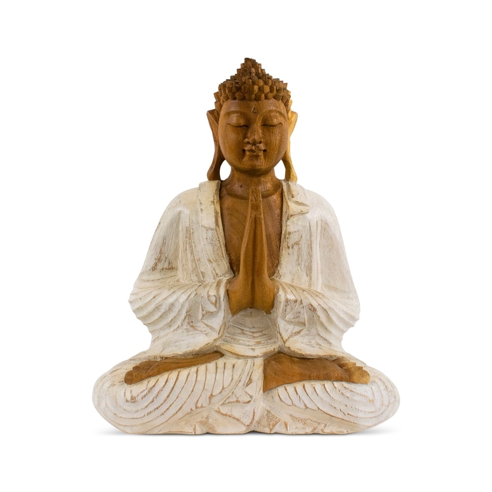 Wood Buddha Statue Hand Carved Whitewashed Anjali Mudra Sculpture, Namaste Zen Decor
