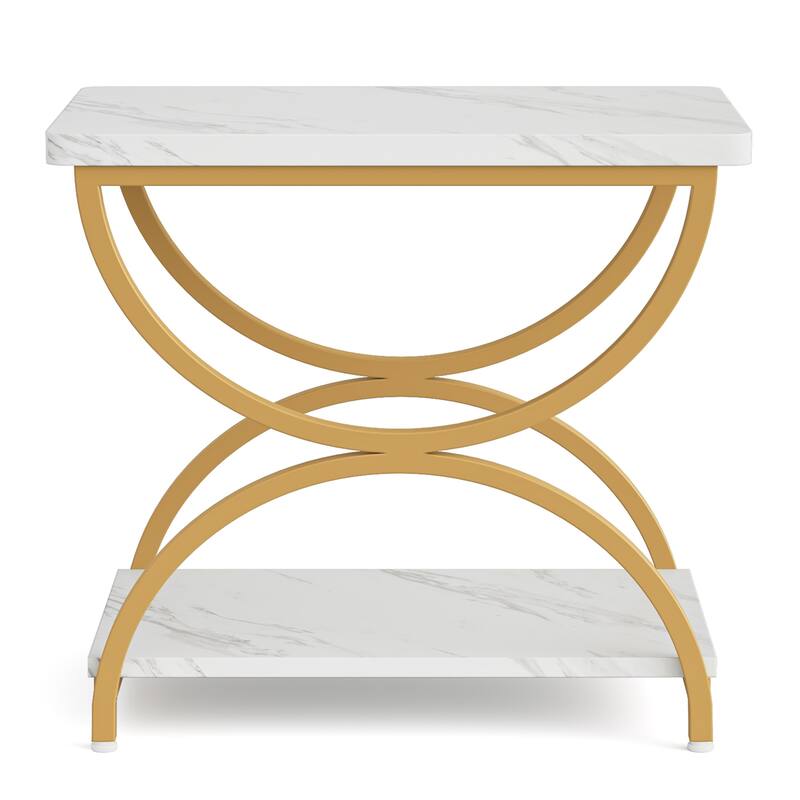 2-Tier Rectangular End Side Table, Mid-Century Modern Bedside Nightstand