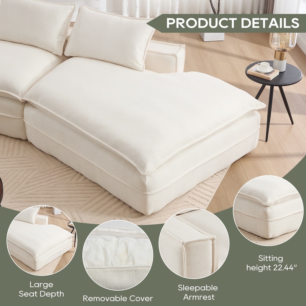 Modular Deep Seat Sectional Sofa with Chaise Lounge, Fabric Upholstered Cloud Boneless Couch, High-Density Sponge Floor Sofa