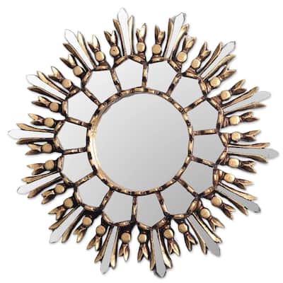 Handmade Shiny Sun Bronze gilded cedar wood wall mirror (Peru) - 1.2" H x 11.5"