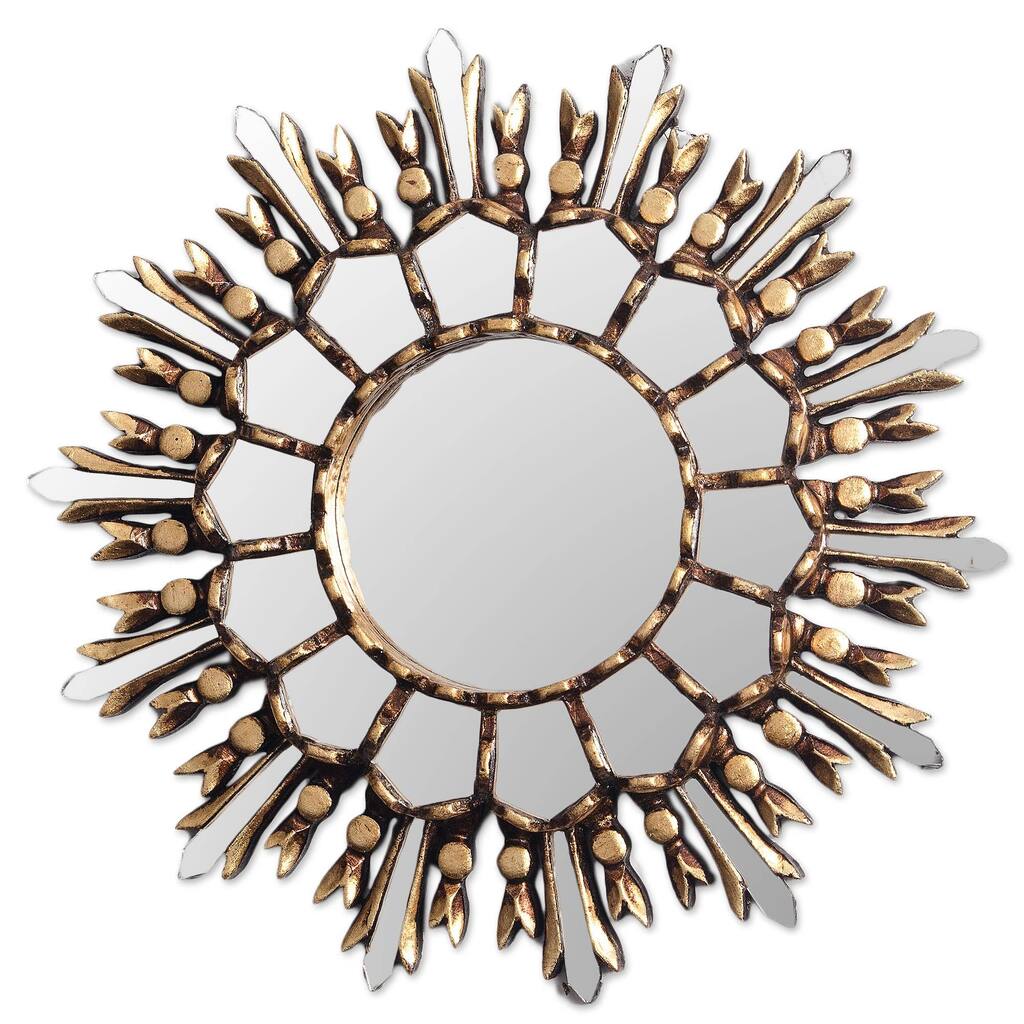 Handmade Shiny Sun Bronze gilded cedar wood wall mirror (Peru) - 1.2" H x 11.5"