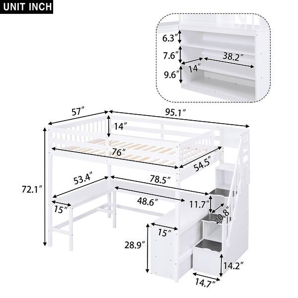 dimension image slide 0 of 2, Full Size Loft Bed with Built-in L-Shaped Desk and Three-Tier Storage Shelves