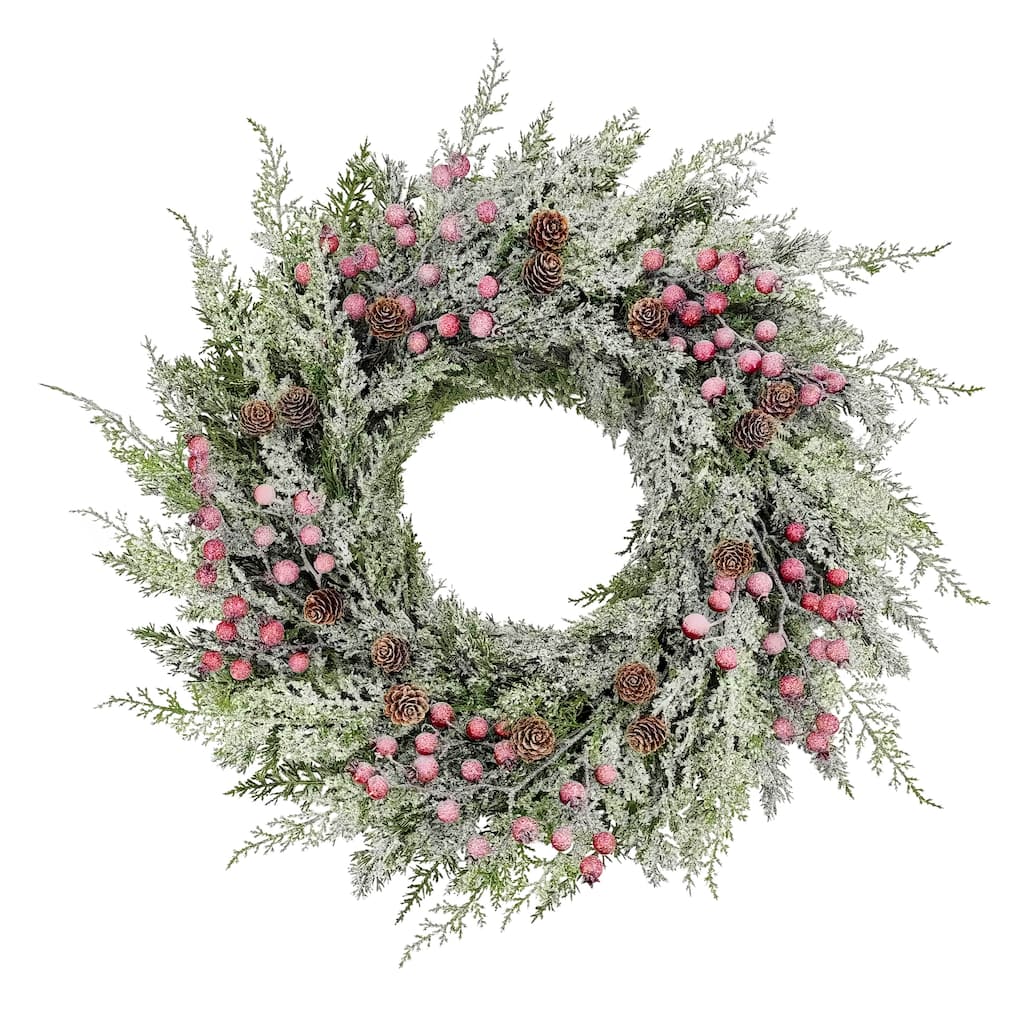 Puleo International 24" Artificial Flocked Wreath Adorned with Pinecones and Red Berries