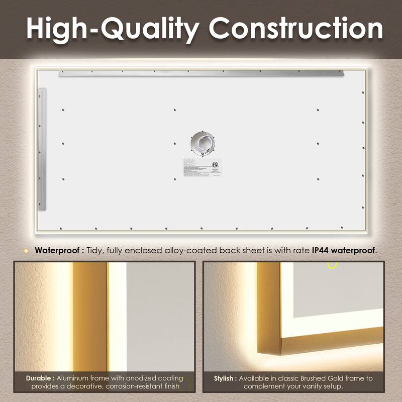 Apollo Rectangular Anti-Fog Dimmable Modern Bathroom/Vanity LED Lighted Wall Mirror in Brushed Gold Aluminum Framed