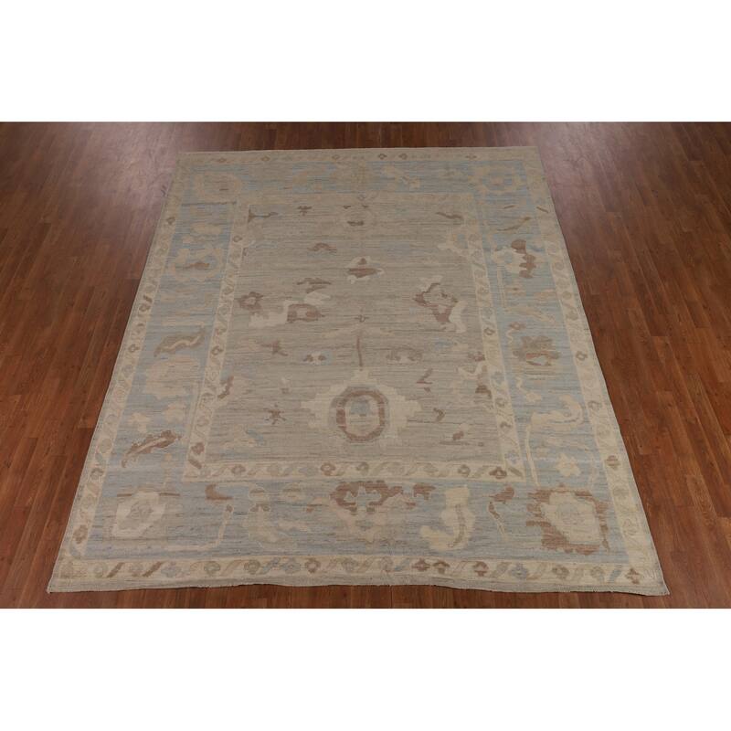 Transitional Oushak Turkish Area Rug Handmade Beige Wool Carpet - 8'3"x 9'9"