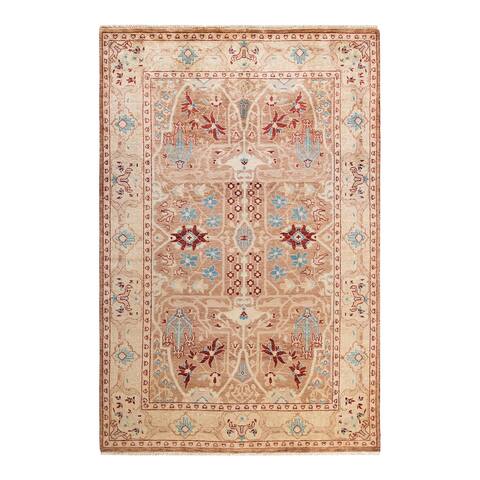 Overton Eclectic One-of-a-Kind Hand-Knotted Area Rug - Gold, 4' 1" x 6' 2" - 4' 1" x 6' 2"