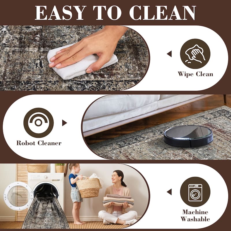 Machine Washable Area Rug Vintage Medallion Rugs Non Slip Low Pile Bedroom Rug