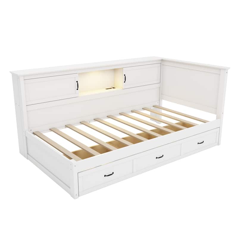 L-Shaped Corner Bed Frame with Drawer, Bookcase, LED Downlight and USB Port