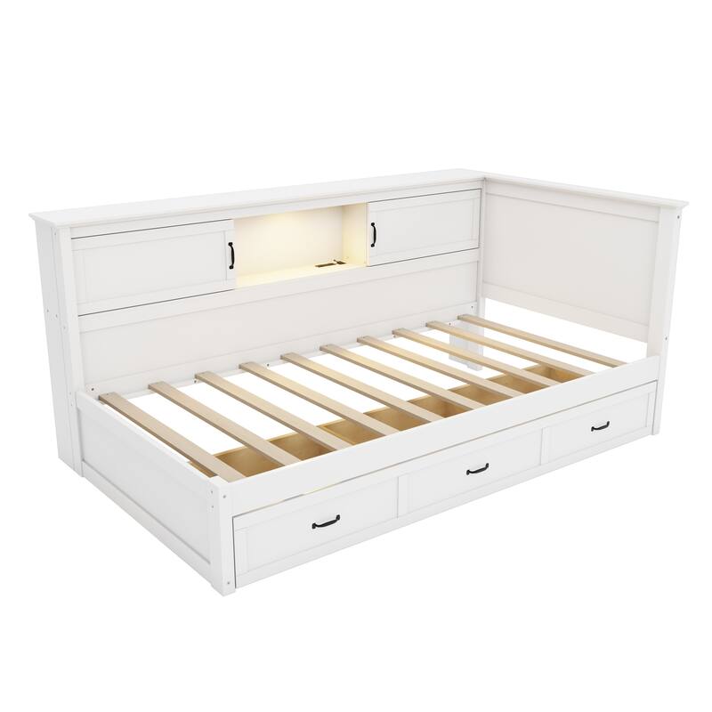 Modern L-Shaped Corner Bed Frame with Drawer, Bookcase, LED Downlight and USB Port