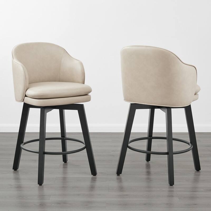Spruce & Spring Kaylee Modern Swivel Counter Height Bar Stools with Arm - Set of 2 - Beige-Faux Leather