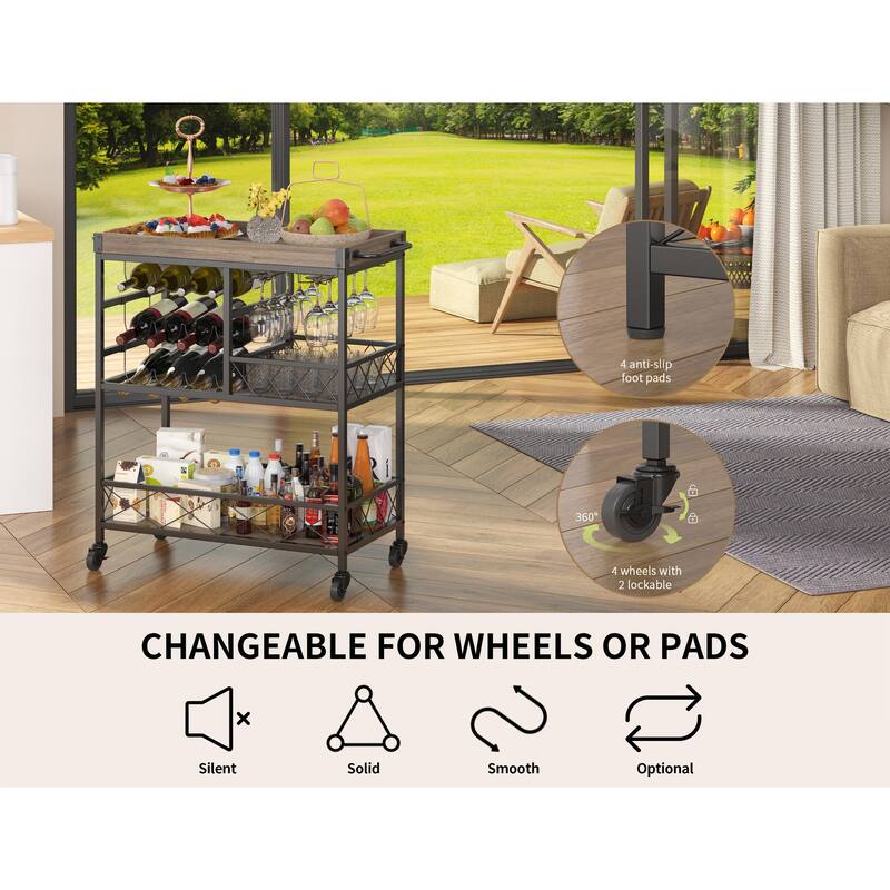 Bar Serving Cart, Bar Cabinet, Mobile Wine Cart with Lockable Wheels