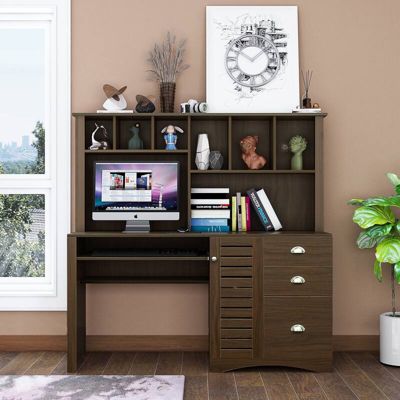 Spacious Home Office Computer Desk with Hutch, 2-Tier Shelf & 3 Drawers