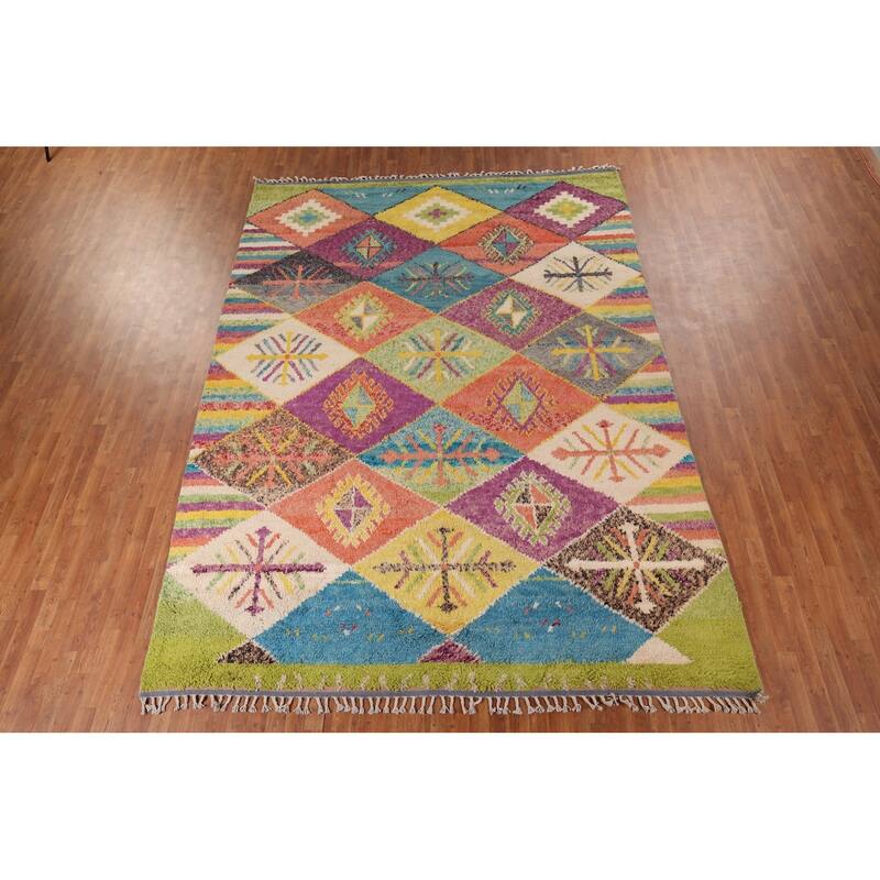 Colorful Trellis Plush Moroccan Style Rug Hand-Knotted Wool Carpet - 8'10" x 12'5"