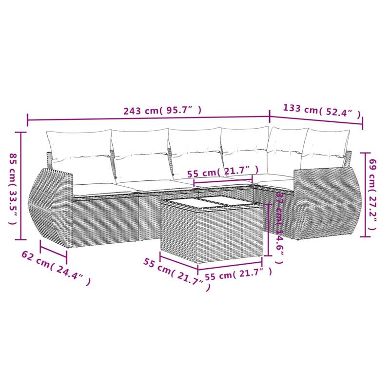 vidaXL Patio Sofa Set with Cushions Outdoor Conversation Furniture Poly Rattan - 24.4 x 24.4 x 27.2