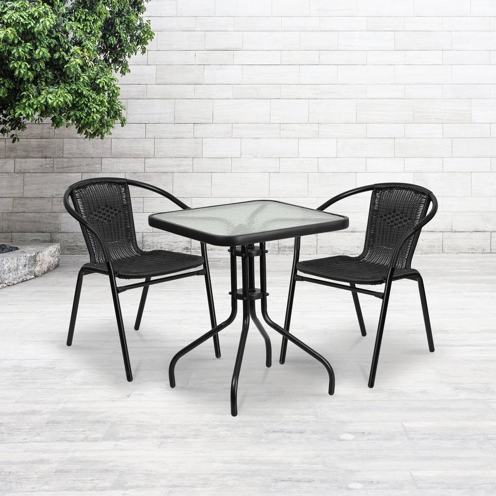 23.5" Square Glass Metal Table with 2 Rattan Stack Chairs - 23.50"W x 23.50"D x 28"H - 23.50"W x 23.50"D x 28"H
