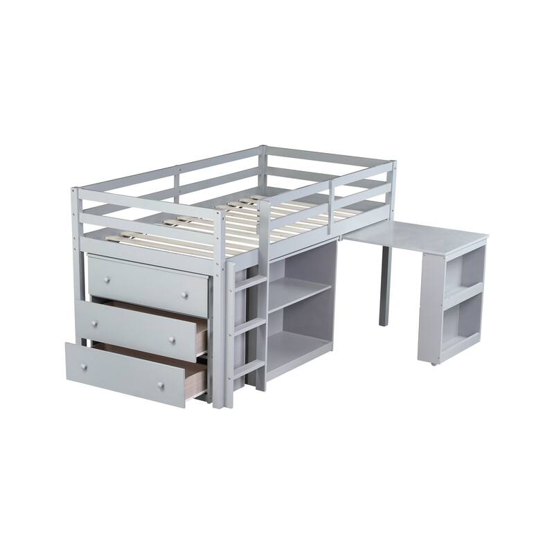 Loft Bed with Drawer,Shelf and Pulling -Out Desk